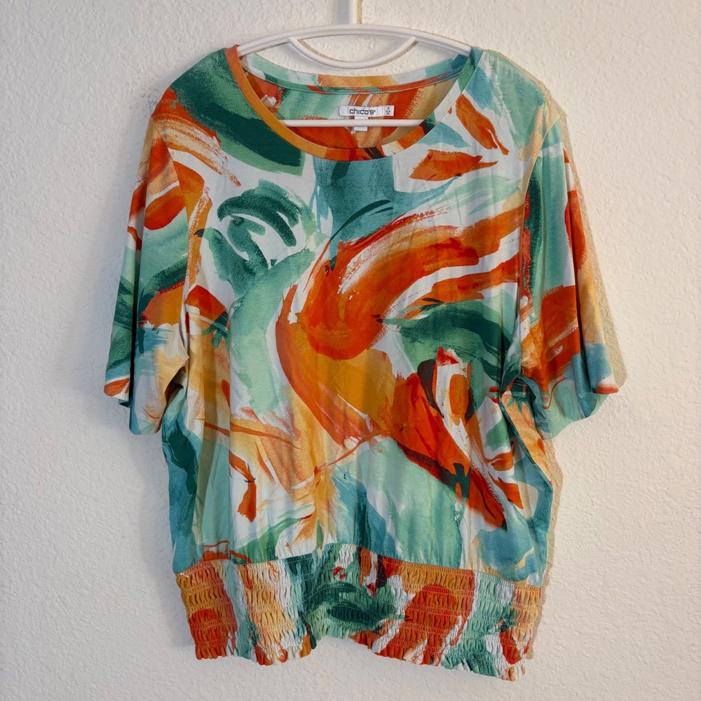 Chico's Abstract Painterly Smocked Hem Top Womens 3 XL Multicolored